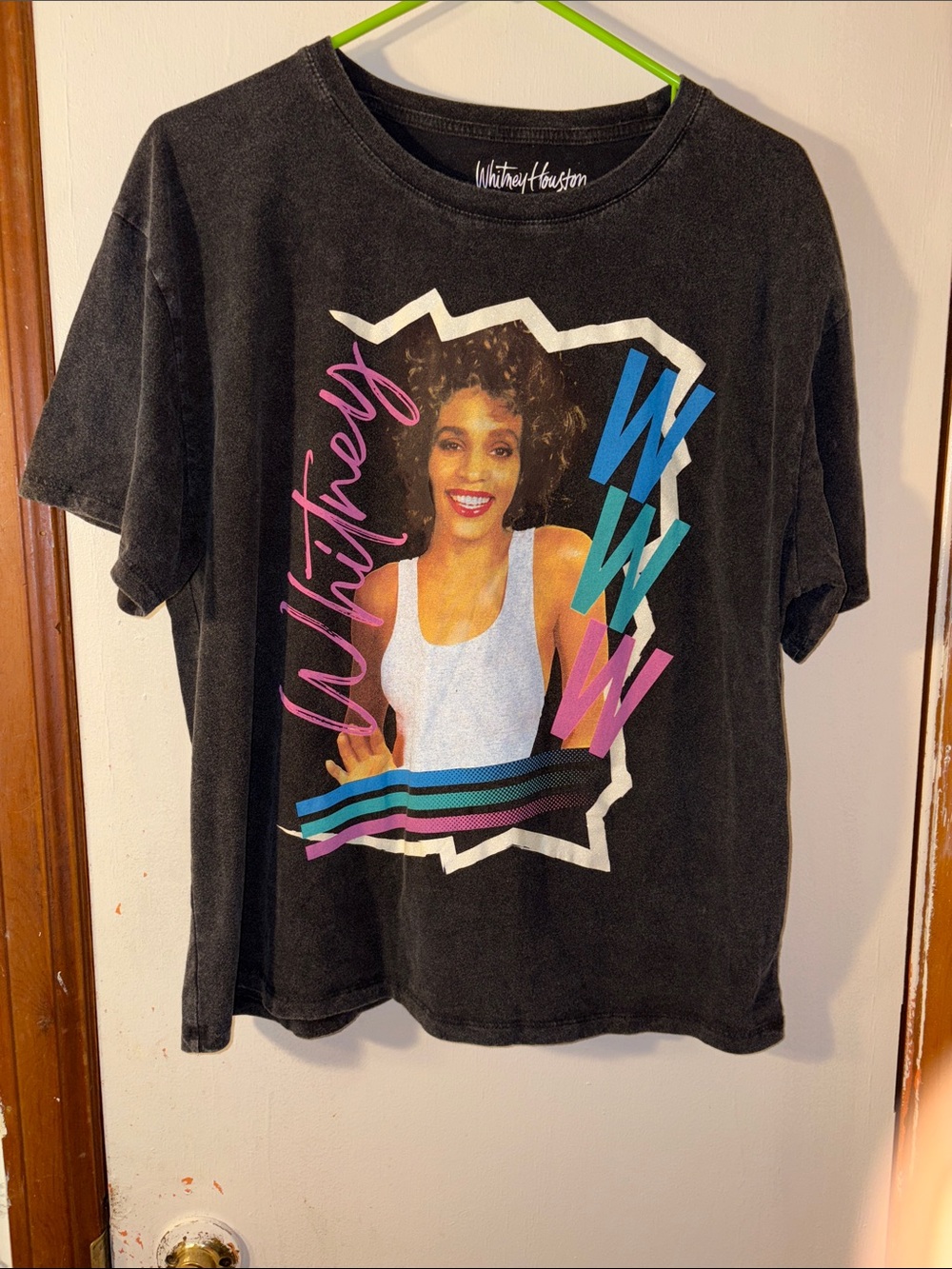 Whitney Houston Black Graphic Tee with Retro Multi-Color Print